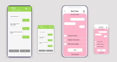 Bir grup sohbet robotu web sitesi ve mobil uygulama için pencereler oluşturur. Akıllı telefon ekranında grup mesajlaşması uygulaması koleksiyonu. Vektör şablonu