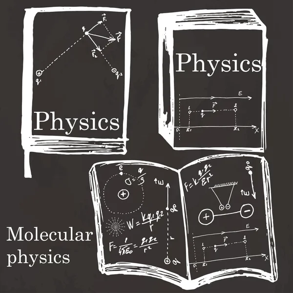 Conjunto de libro de física, libro de ejercicios en el tablero de la escuela. Sorteo a mano alzada — Vector de stock