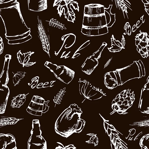 Bière motif sans couture sur fond noir. Texture vectorielle à la main — Image vectorielle