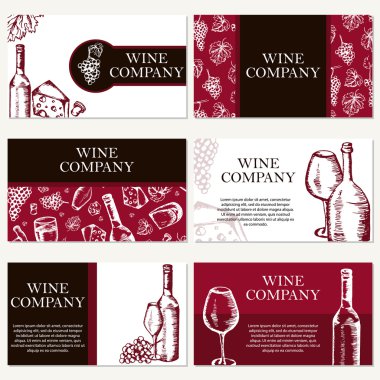 Set of six business cards. Wine company. Restaurant theme. Vecto clipart