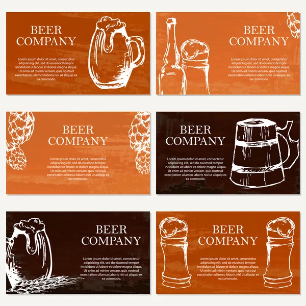 Conjunto de seis tarjetas de visita. Compañía de cervezas. Tema del restaurante. Vecto. — Vector de stock