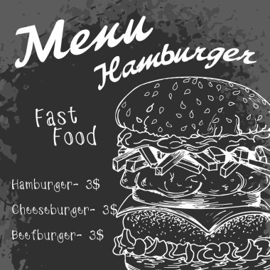Fast food poster with hamburger. Hand draw retro illustration. V