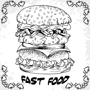 Fast food poster with hamburger. Hand draw retro illustration. V