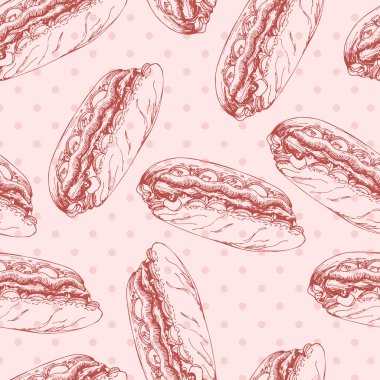 Fast food pattern with hot dog. Hand draw retro illustration. Vi