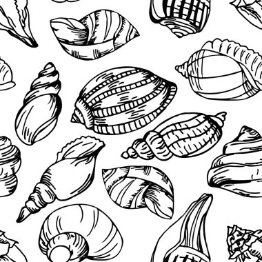 Vector sea  pattern. Summer background with shell elements. Repeating print background texture.