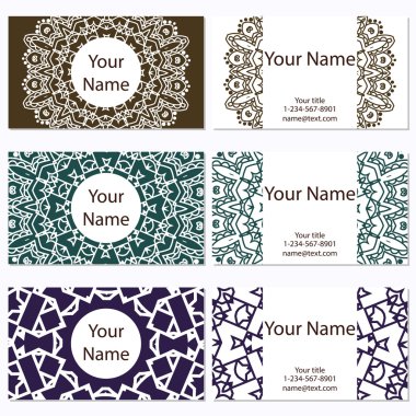 Altı kartvizit kümesi. Vintage desen mandala retro tarzı. El çekilmiş Islam, Arapça, Indian, dantel modeli