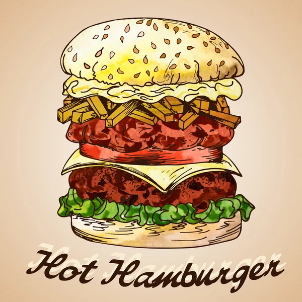 Fast food poster with hamburger. Hand draw retro illustration. V — Stock vektor