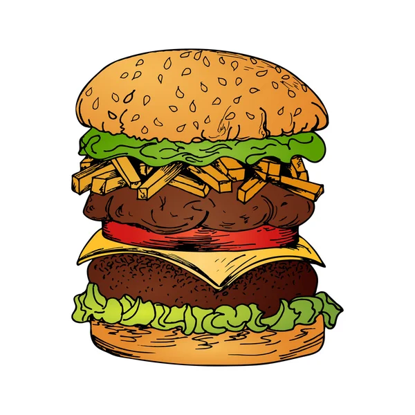 Fast food poster with hamburger. Hand draw retro illustration. V — 图库矢量图片