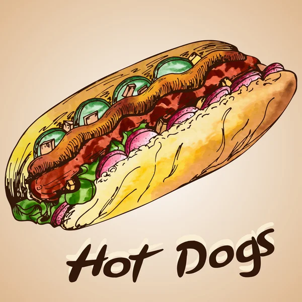 Affiche de restauration rapide avec hot dog. Dessin à la main illustration rétro. Vin — Image vectorielle