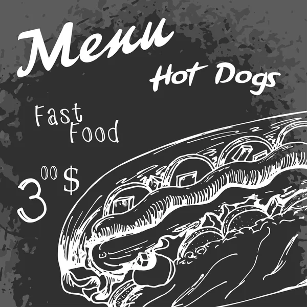 Cartaz de comida rápida com cachorro quente. Desenho à mão ilustração retro. Vin... —  Vetores de Stock