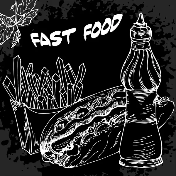 Fast food poster with hot dog sauces and french fries. Hand draw