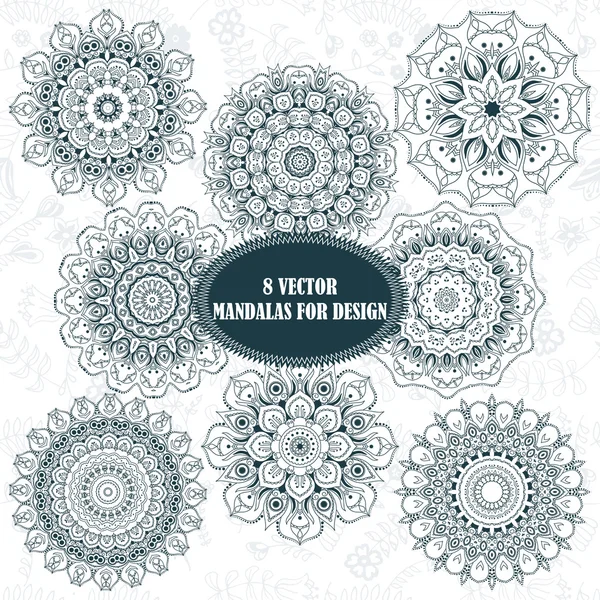 Conjunto de elemento de diseño abstracto. Mandalas redondas en vector. Plantilla gráfica para su diseño. Adorno retro decorativo. Fondo dibujado a mano con flores . — Vector de stock