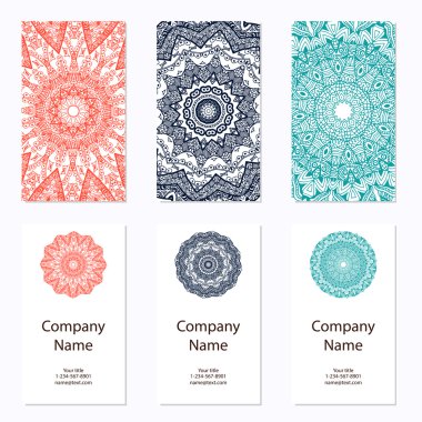 Altı kartvizit kümesi. Vintage desen mandala retro tarzı. El çekilmiş Islam, Arapça, Indian, dantel modeli