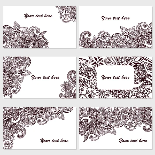 Set van zes visitekaartjes. Vintage patroon in retro stijl met doodle. — Stockvector