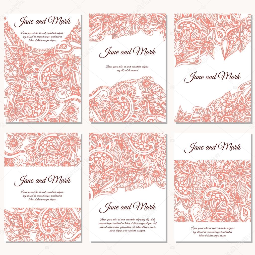 Set of wedding invitations. Wedding cards template with individual concept. Design with doodles for Save the Date, valentines day, invitations, mothers day.