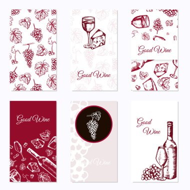Set of six business cards. Wine company. Restaurant theme. Vector illustration. clipart