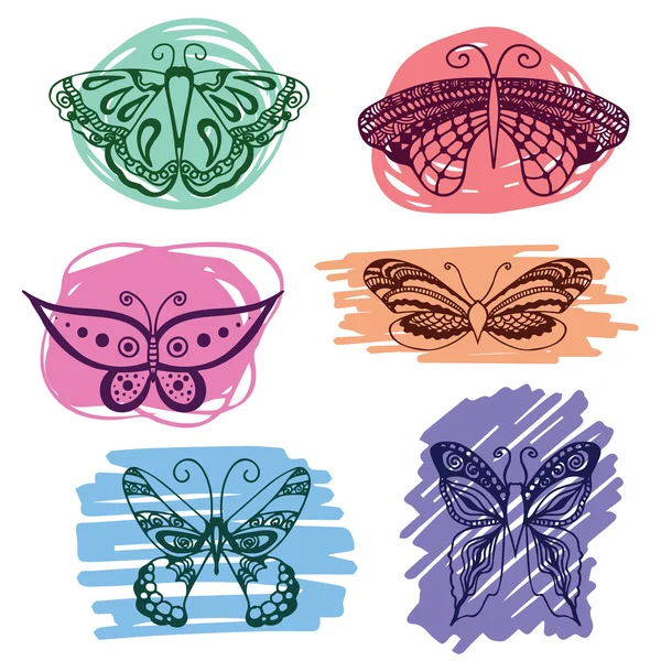 Sada motýlů siluety-ručně tažené stylu tetování design. Vektorové objekty dekorativní doodle. — Stockový vektor