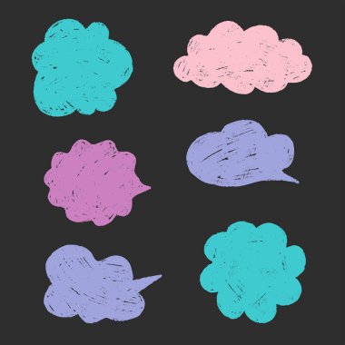 Oyuncu pastel boya konuşma diyaloğu metin çerçeveleri. El çizimi karton kutu baloncukları. Soyut sohbet etiketleri ve kalem bulutları. Vektör illüstrasyonu.