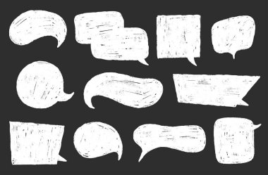 Oyuncu pastel boya konuşma diyaloğu metin çerçeveleri. El çizimi karton kutu baloncukları. Soyut sohbet etiketleri ve kalem bulutları. Vektör illüstrasyonu.