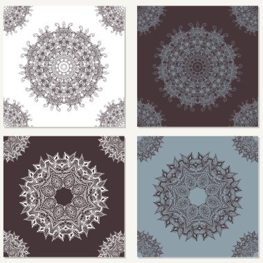 Set of vector abstract backgrounds with mandala elements. Decorative seamless. Vintage geometric textures. Lace pattern. Background for card, web design and etc.