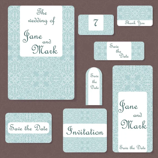 Conjunto de invitaciones de boda. Plantilla de tarjetas de boda con concepto individual. Diseño para invitación, tarjeta de agradecimiento, guardar la tarjeta de fecha . — Archivo Imágenes Vectoriales