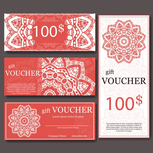 Gift voucher sjabloon met mandala. Ontwerp certificaat voor sport of yoga centrum, tijdschrift of enz. Vector waardebon met ornament op achtergrond. — Stockvector