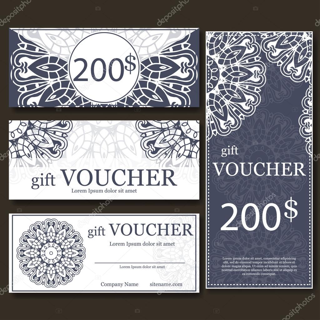 Gift voucher template with mandala. Design certificate for sport center, magazine or etc. Vector gift coupon with ornament on background.