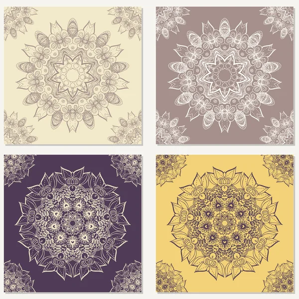 Set of vector abstract backgrounds with mandala elements. Decorative seamless. Vintage geometric textures. Lace pattern. Background for card, web design and etc. — 스톡 벡터