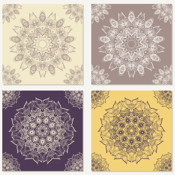 Conjunto de fondos abstractos vectoriales con elementos mandala. Decorativo sin costuras. Texturas geométricas vintage. Patrón de encaje. Fondo para tarjeta, diseño web y etc. . — Vector de stock