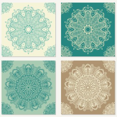 Set of vector abstract backgrounds with mandala elements. Decorative seamless. Vintage geometric textures. Lace pattern. Background for card, web design and etc.