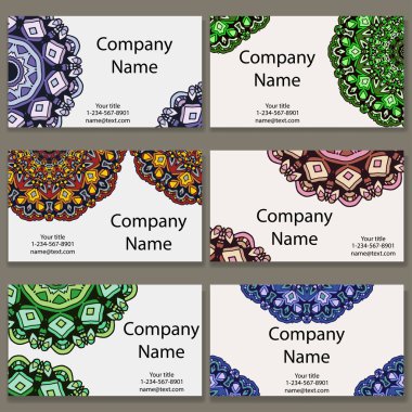 Altı kartvizit kümesi. Vintage desen mandala retro tarzı. El çekilmiş Islam, Arapça, Indian, dantel modeli