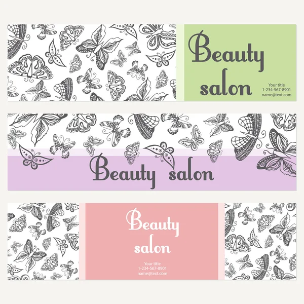 Ensemble de bannières de salon de beauté avec papillon. Modèle de carte peut être utilisé pour le centre de spa, yoga ou cours de fitness, concept cosmétique. Illustration vectorielle — Image vectorielle