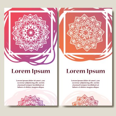 Kart dizisini. Süslü tasarım davetiye, tebrik veya iş kartı için kullanılabilir. Tasarım şablonu. Mandala vektör arka plan metin için yer ile.