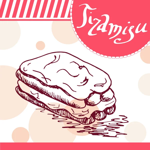 Tiramisu çizilmiş vektör poster. Lezzetli yemek. Tipografi öğesi ile dekoratif arka plan. Güzel kart