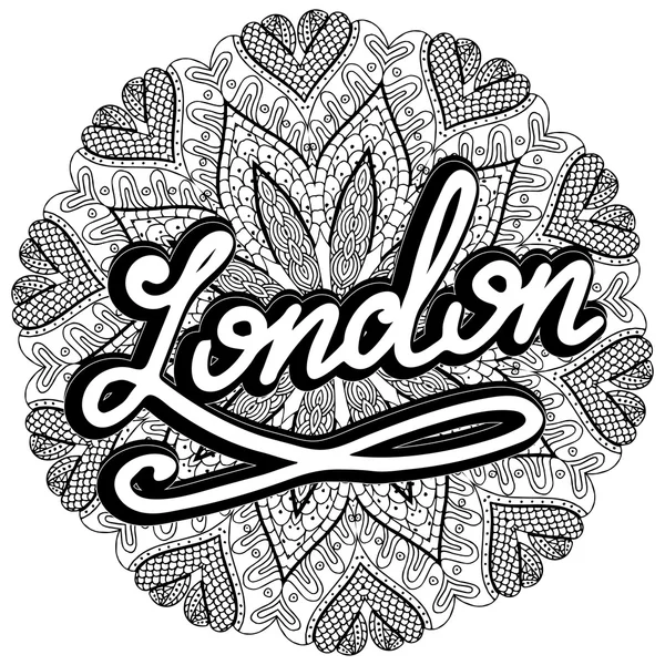 Vector london illustration on mandala background. Retro typography design. Handwritten illustration. — Stockvector