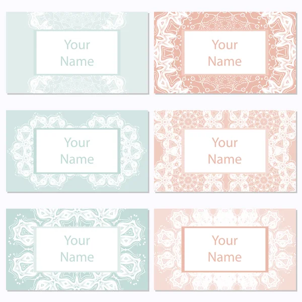 Set of six business cards. Vintage pattern in retro style with ornament — Stock Vector