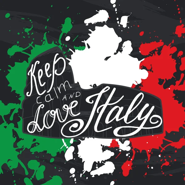 Vector illustration with phrase Keep calm and love Italy.  Poster design art with creative slogan. Retro greeting card in sketch style.