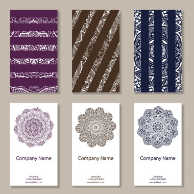 Altı kartvizit kümesi. Vintage desen mandala retro tarzı. El çekilmiş Islam, Arapça, Indian, dantel modeli
