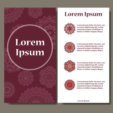 Kart dizisini. Süslü tasarım davetiye, tebrik veya iş kartı için kullanılabilir. Tasarım şablonu. Mandala vektör arka plan metin için yer ile.