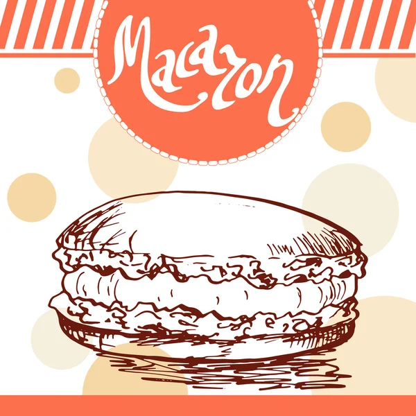 Cartaz vetorial com macaron desenhado à mão. Comida francesa deliciosa. Fundo decorativo com elemento tipográfico. Belo cartão — Vetor de Stock