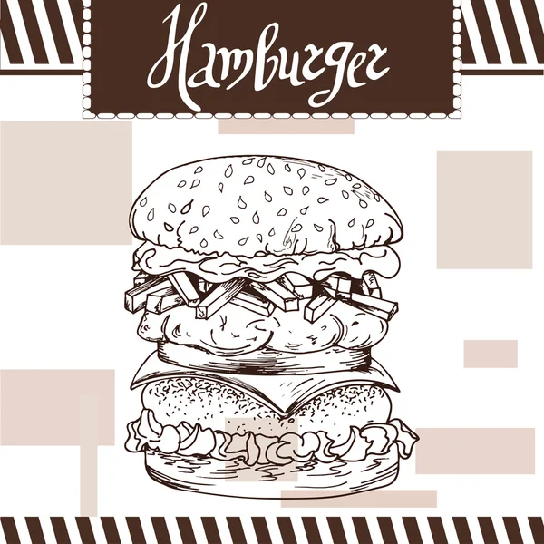 Cartaz de comida rápida com hambúrguer. Desenho à mão ilustração retro. Design de hambúrguer vintage. Modelo — Vetor de Stock