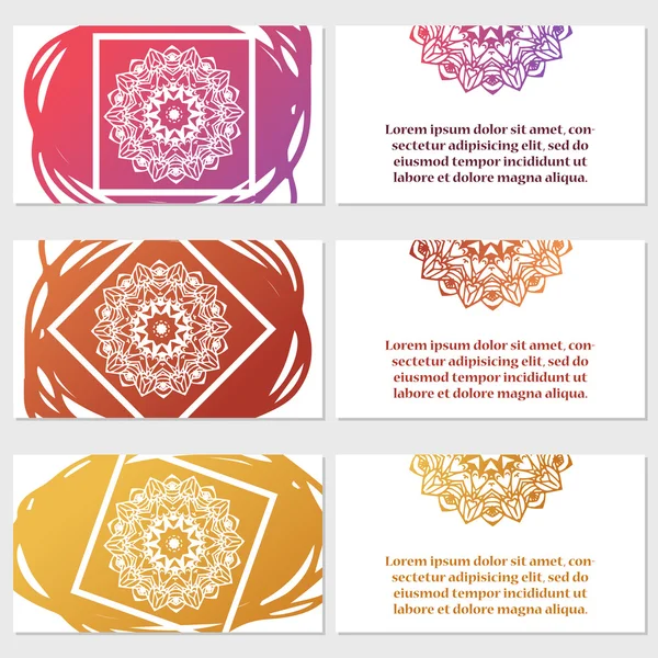 Σύνολο έξι επαγγελματικές κάρτες. Vintage μοτίβο σε στυλ ρετρό με Μάνταλα. Χέρι που το Ισλάμ, Αραβική, ινδική, δαντέλα μοτίβο — Διανυσματικό Αρχείο