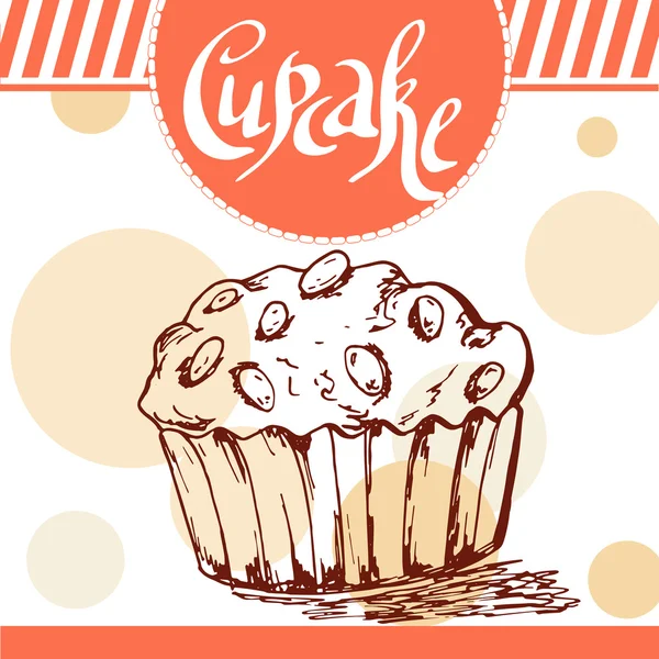 Poster vettoriale con cupcake disegnato a mano. Cibo delizioso. Sfondo decorativo con elemento tipografia. Bella carta — Vettoriale Stock
