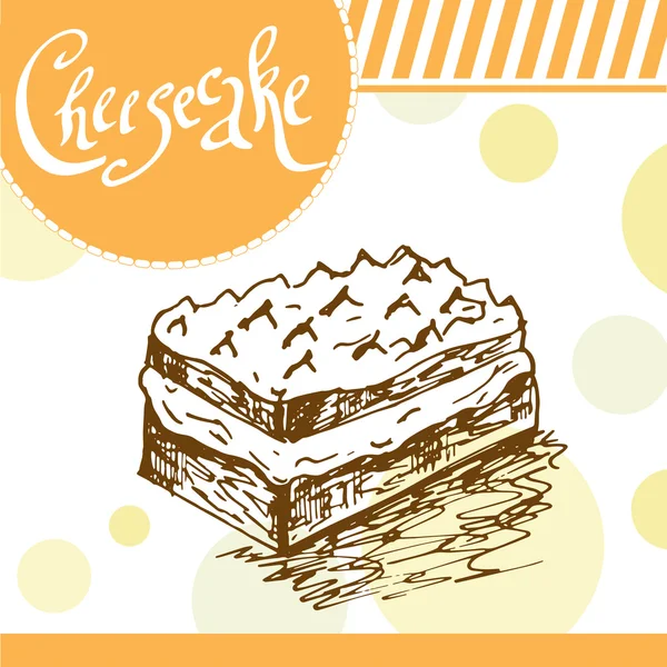 Ilustração do vetor Cheesecake. Design de padaria. Cartão bonito com elemento de tipografia decorativa. Ícone de bolo de queijo para cartaz — Vetor de Stock