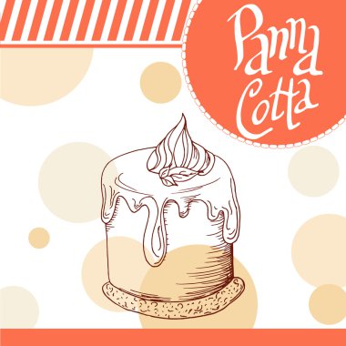 Vector poster with hand-drawn panna cotta. Delicious food. Decorative background with typography element. Beautiful card