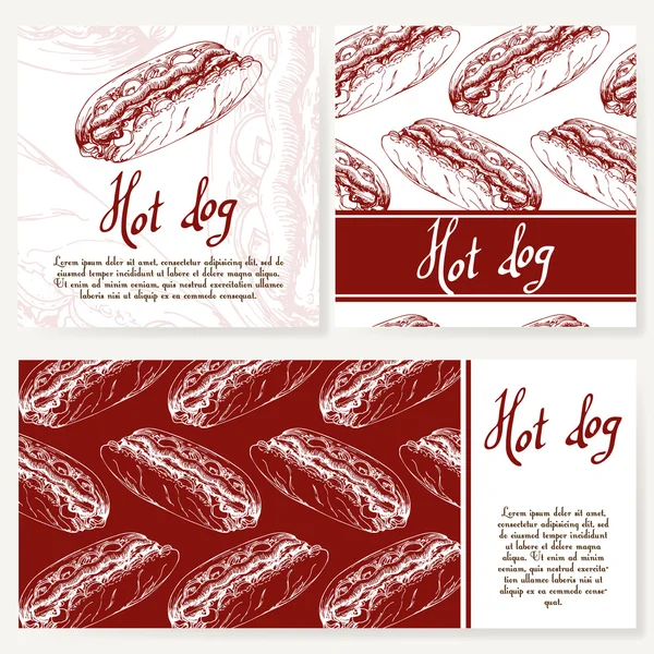 Cafe menu with hand drawn design. Fast food restaurant menu template with hot dog. Set of cards for corporate identity. Vector illustration — Διανυσματικό Αρχείο