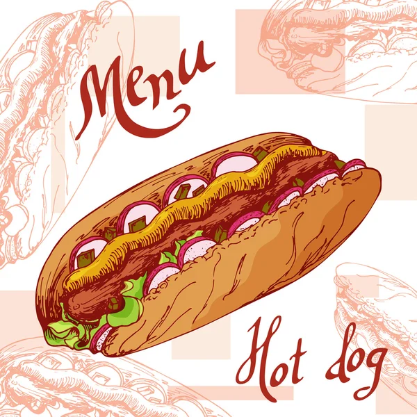 Affiche de restauration rapide avec hot dog. Dessin à la main illustration rétro. Design burger vintage. Modèle de modèle — Image vectorielle