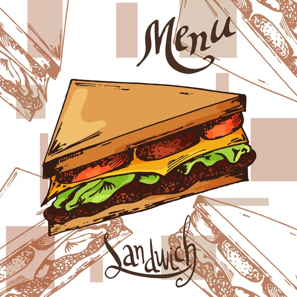 サンドイッチ ファーストフードのポスター。手は、レトロなイラストを描いています。ビンテージ バーガー デザイン。テンプレート — ストックベクタ