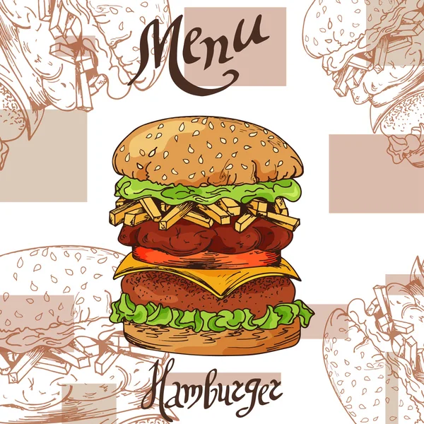 Affiche de restauration rapide avec hamburger. Dessin à la main illustration rétro. Design burger vintage. Modèle de modèle — Image vectorielle