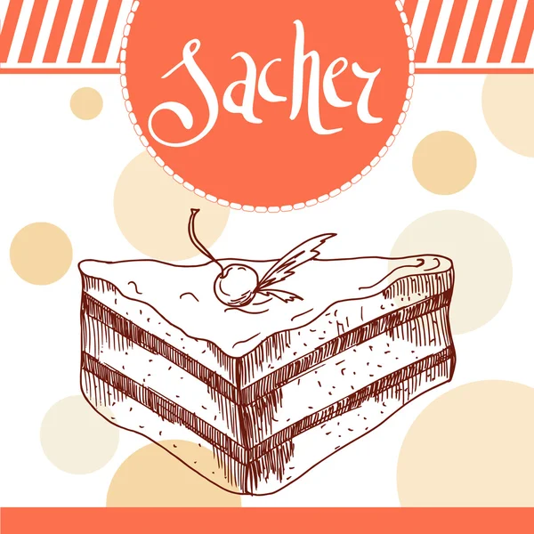 Illustrazione vettoriale Sacher. Progettazione della panetteria. Bella scheda con elemento tipografico decorativo. Icona torta per poster — Vettoriale Stock